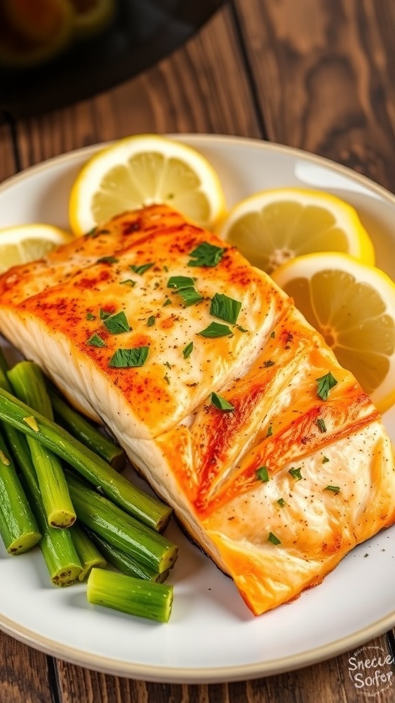 Crispy Air Fryer Salmon Recipe Crispy air fryer salmon fillet garnished with herbs and lemon on a rustic table.